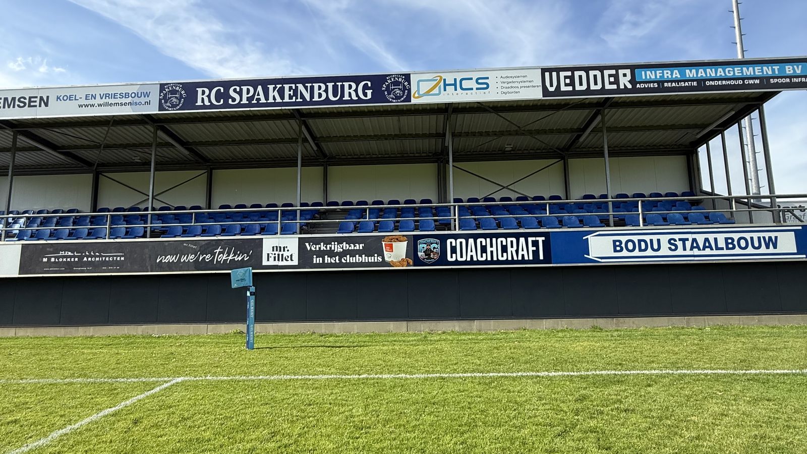 CoachCraft sponsorship board on the main stand at Rugby Club Spakenburg